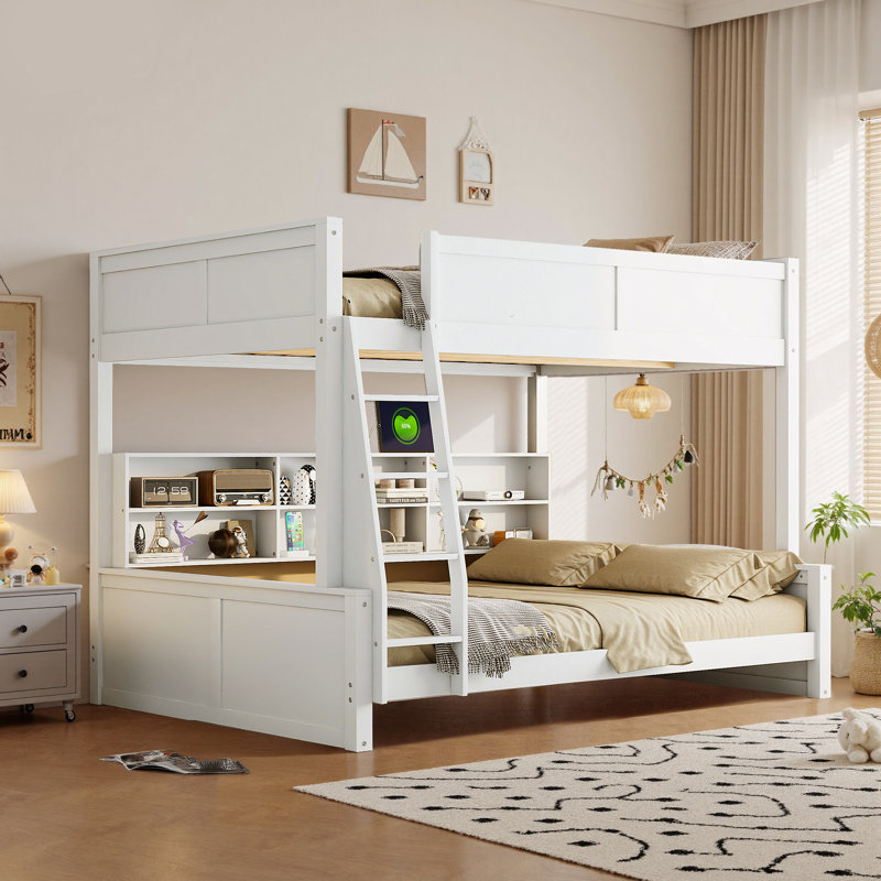 Lit superposé avec armoires de rangement et ports USB, Blanc antique