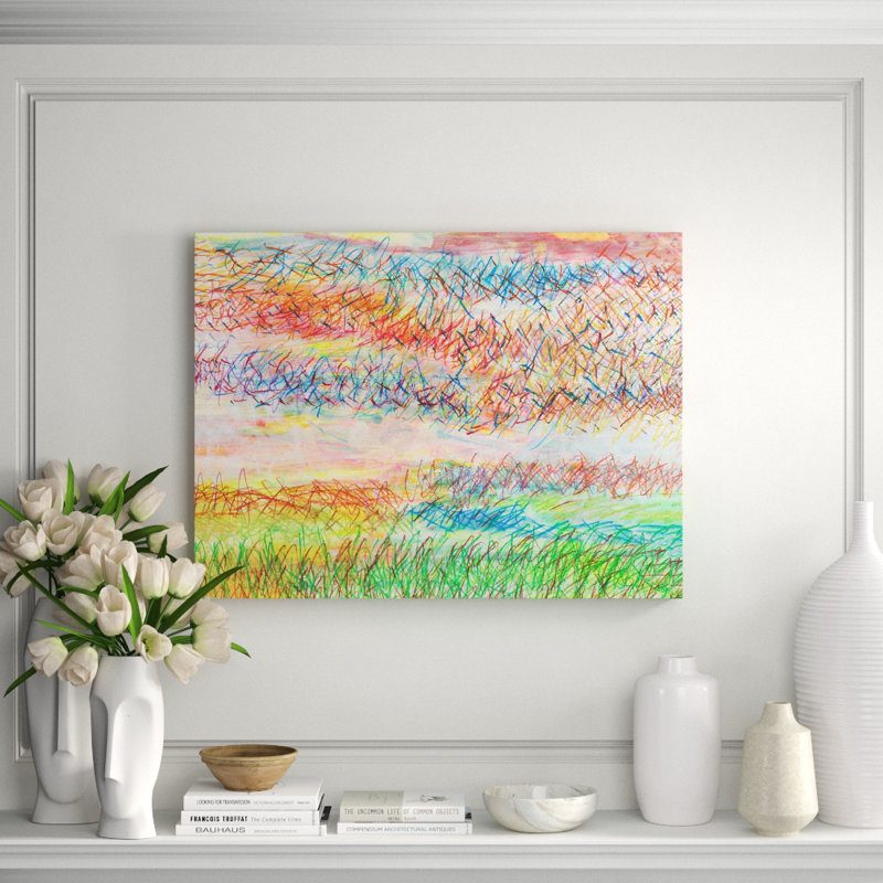 'Multicolored Landscape' - Shadowbox Painting on Paper, 25''H x 37''W x 2''D