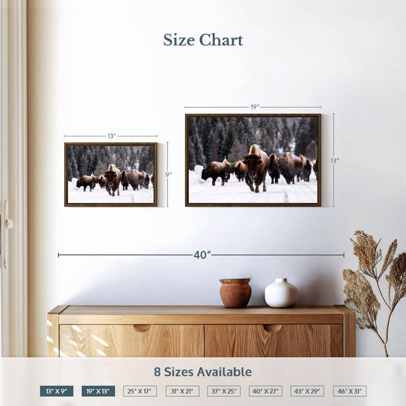 Winter Bisons, 19" X 13", Floating Frame Walnut