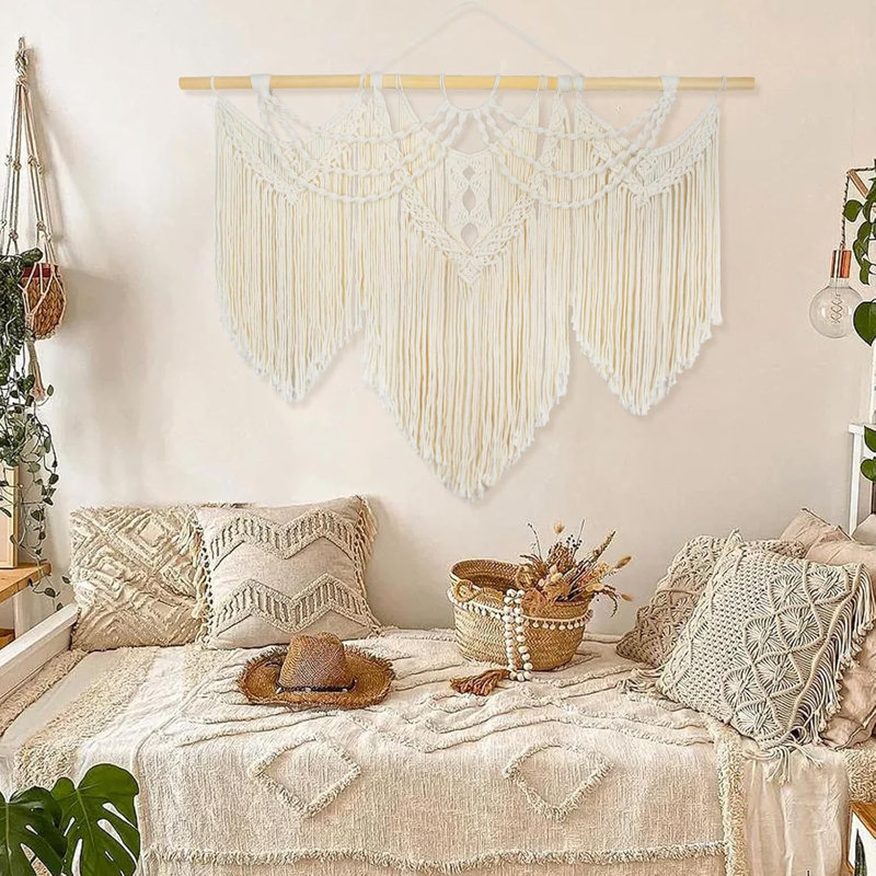43 po x 32 po, grande décoration murale faite à la main en macramé crème, tapisserie boho crème pour salon, chambre à coucher et décoration de mariage