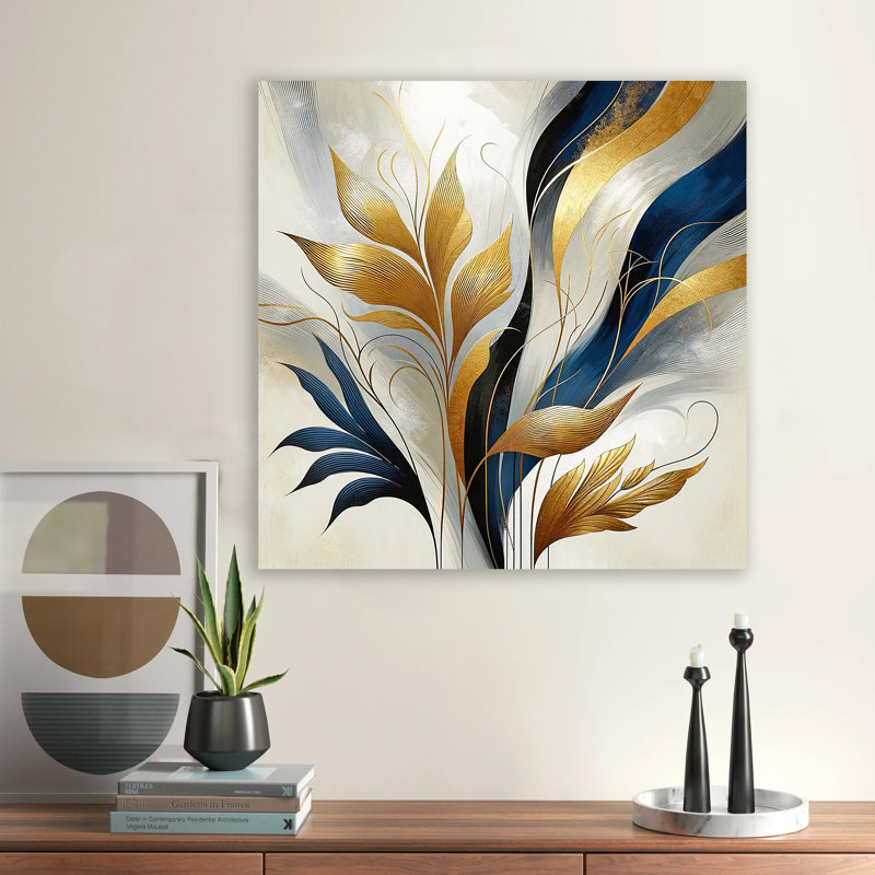 Sweeping Gold Botanica - Abstrait bleu marine et feuille d'or sur toile, H 20 po x l 20 po x P 1,5 po