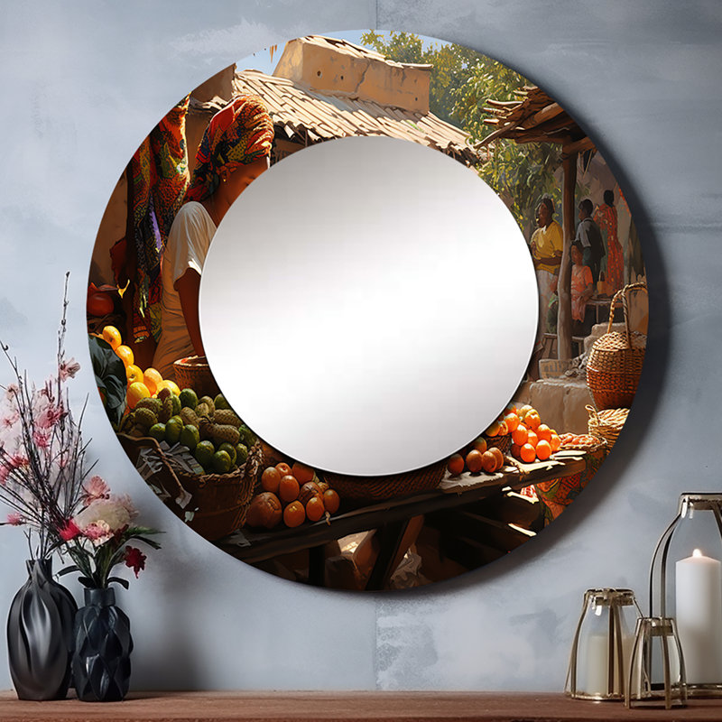 African Vibrant Market I - miroir mural art africain, miroir décoratif rond beige, impression d'art en métal, 23 po x 23 po