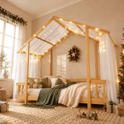 Lit cabane complet avec baldaquin, guirlande lumineuse et barrières de sécurité, lit plateforme en bois pour enfants avec sommier à lattes, sans sommier tapissier nécessaire