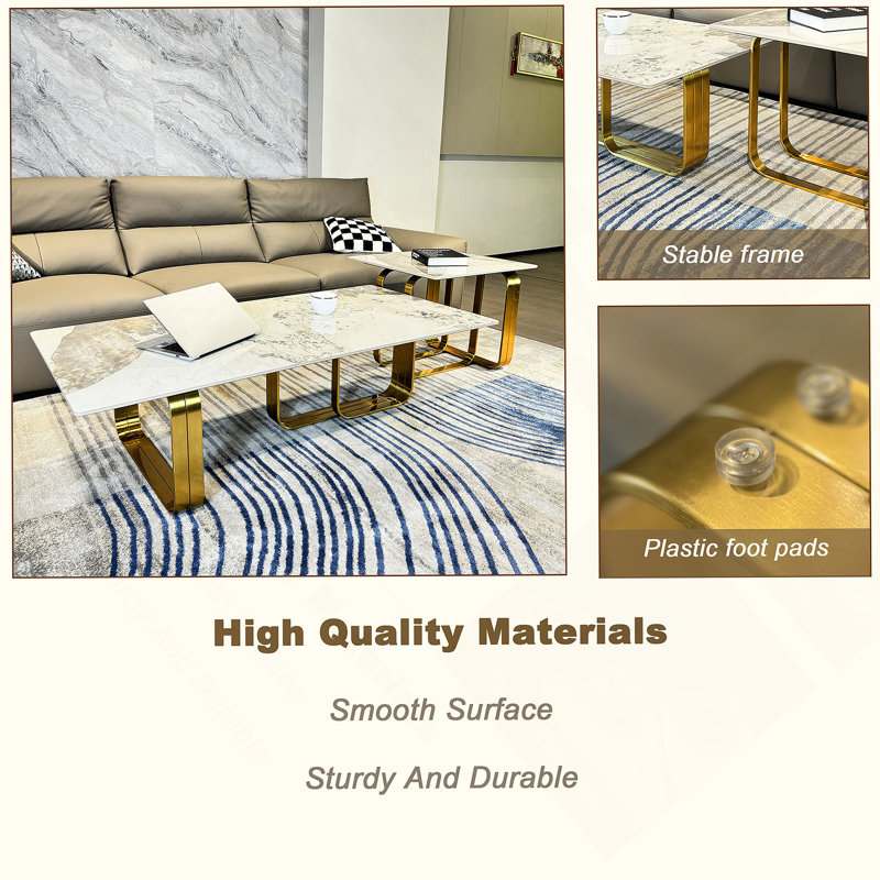 Rectangular coffee table with sintered stone top, metal frame, for Living Room, Gold