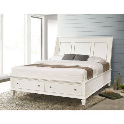 Très grand lit crème blanc avec tête de lit et rangement intégré, avec tiroirs de rangement en bois d'hévéa