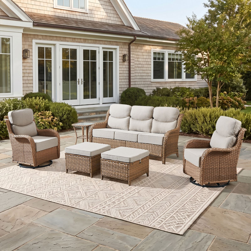Ensemble de conversation de jardin en rotin pour 5 personnes avec repose-pieds, Beige, Jaune