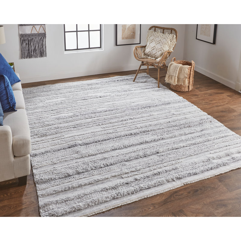 Tapis rayé ivoire / gris clair Alline, Rectangle de 10 pi x 14 pi