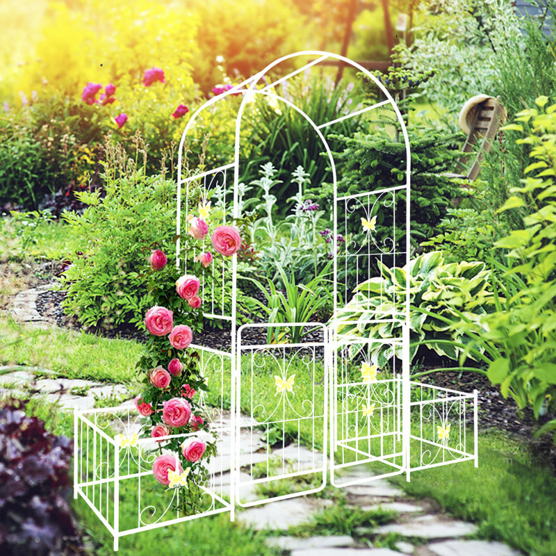 Metal Garden Arch With Gate, 79.5"X86.6", Creamy White, For Outdoor Splendor Cream White Gate Beauty Enhancer