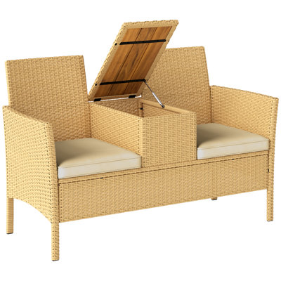 Rattan Patio Loveseat with Built-in Flip-Top Coffee Table, Outdoor Wicker Sofa with Hidden Storage and Cushions for Balcony, Garden, Lawn, Backyard, K by Ebern Designs
