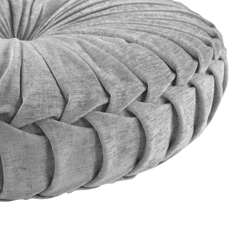 Gray Poly Chenille Round Floor Pillow with Tufted Button