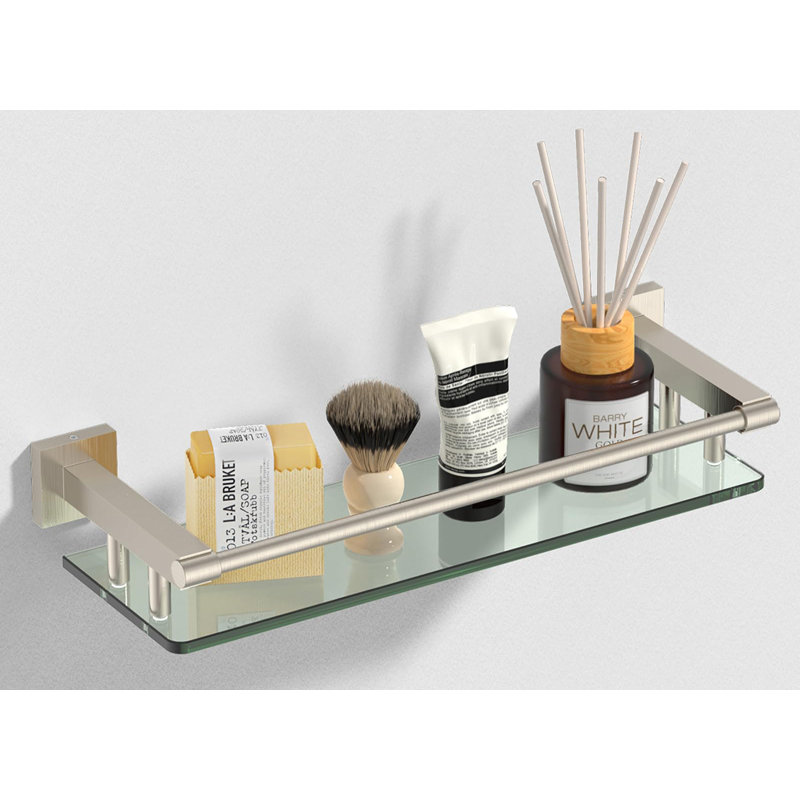 Glass Shelf/Shelves 16IN For Bathroom Nickel Rectangular Stainless Steel Tempered Glass Modern Wall Mount Shelf Sink Over Toilet Bathroom Organizer (Brushed Nickel, 16‘’)