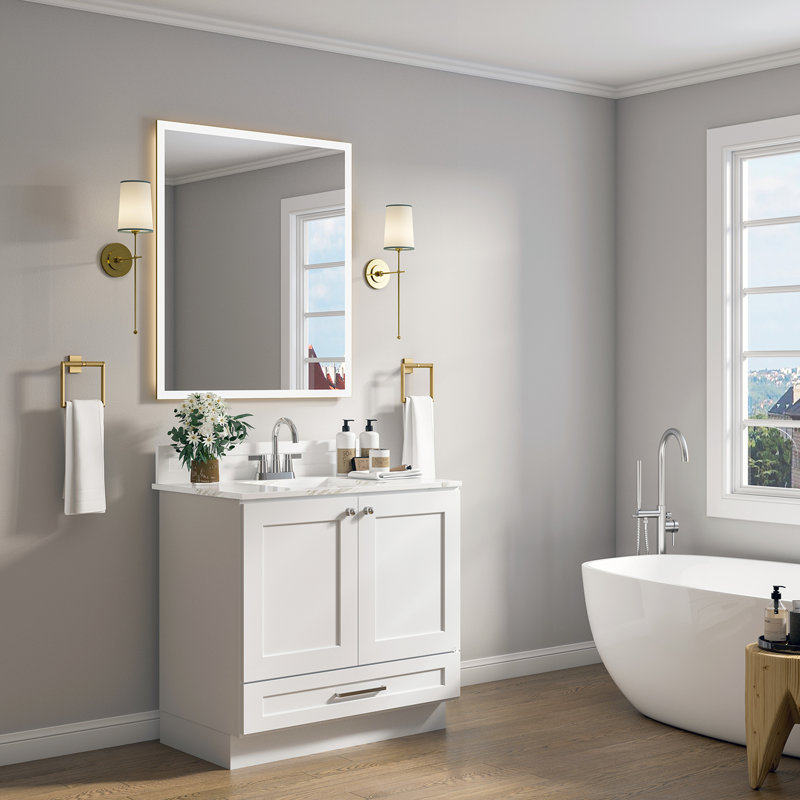 Armoire de salle de bain en bois massif prêt à assembler avec comptoir Shaker - comptoir non inclus, Blanc