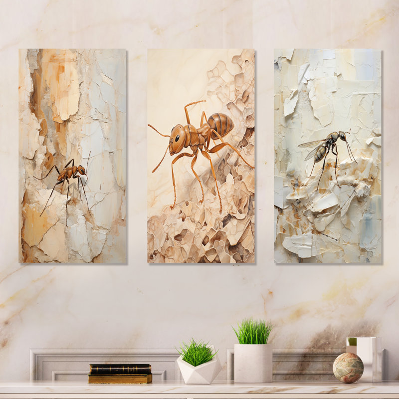 Collage de fourmis minimalistes beige, H 28 po x l 36 po, Toile tendue