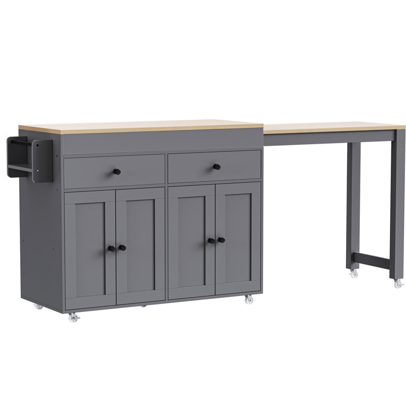 Grey Kitchen Island With 7 Wheels & Extendable Table 74.5 Inch Dining Rolling -