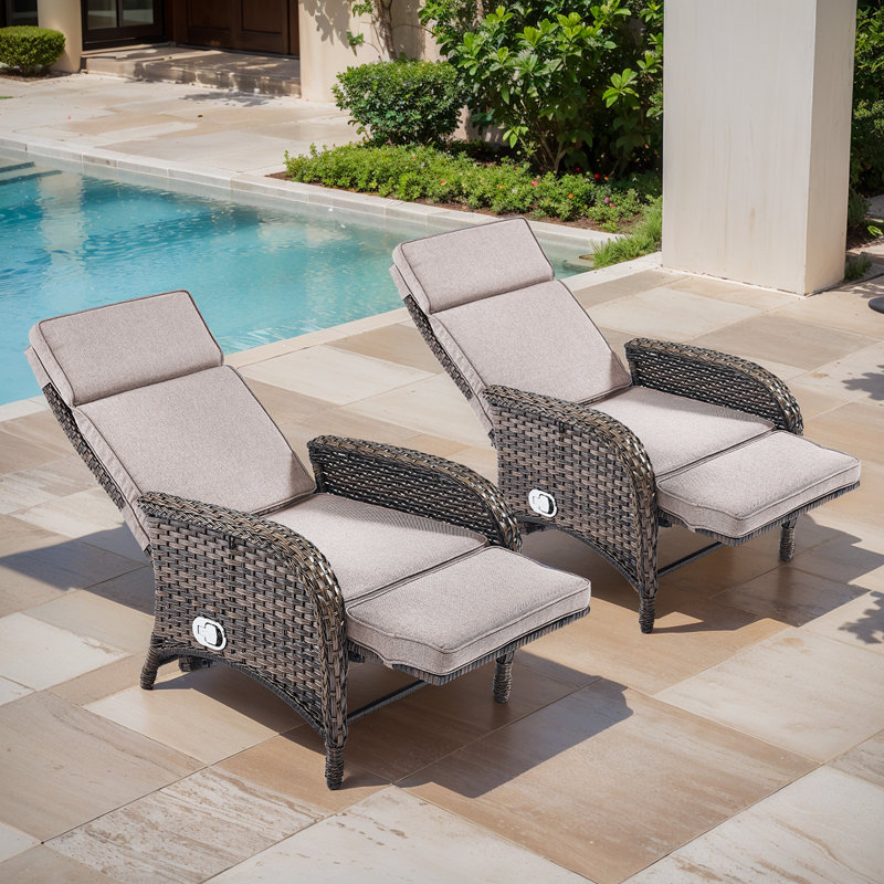 Gaetanino Outdoor Wicker Rattan Poolside Reclining Chaise Lounge With Integrated Comfort Cushion, Beige