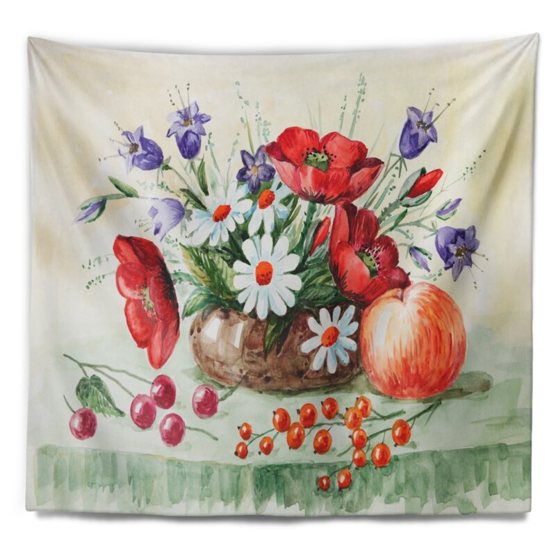 Floral Colorful Bunch of Flowers and Fruits Tapestry