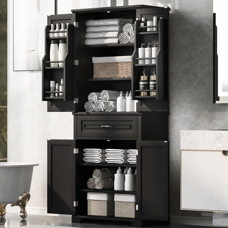 Armoire de salle de bain haute - 1 tiroir, 4 portes, tablette réglable, grande capacité de rangement de couleur noire, Noir