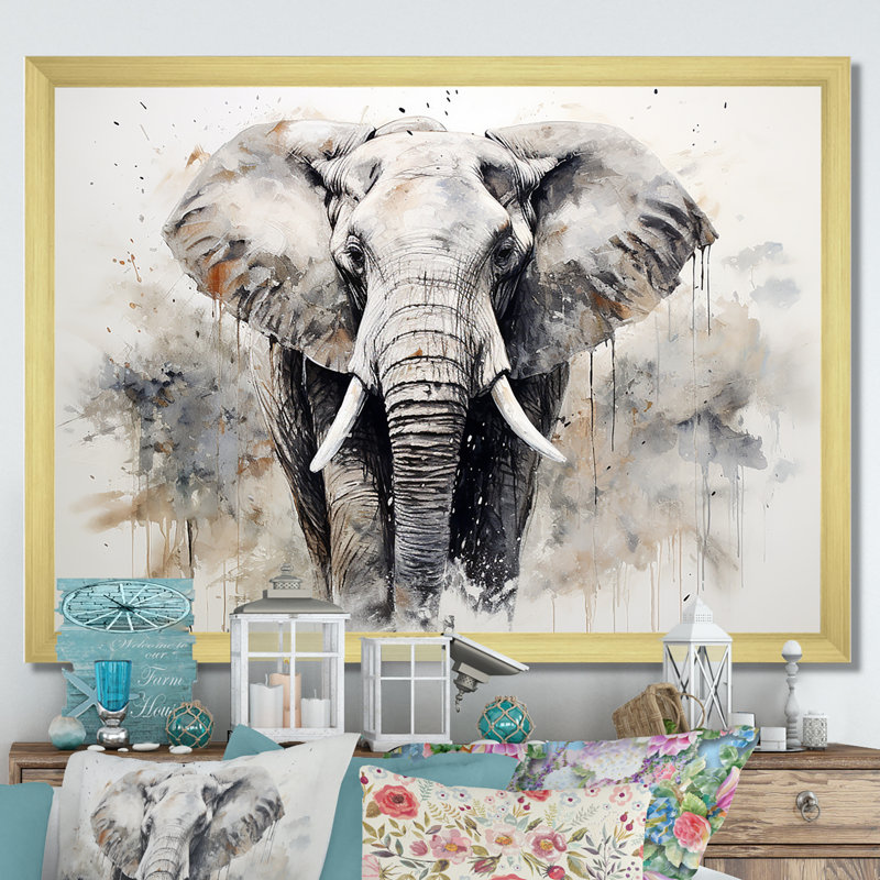 Éléphant élégant en mouvement II - reproduction sur toile, Cadre doré simple, H 12 po x l 20 po x P 1 po