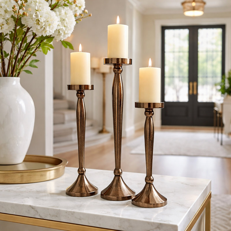 Cathyleen 20.5'' H Aluminum Candelabra – Set of 3 Bronze Metal Candle Holders