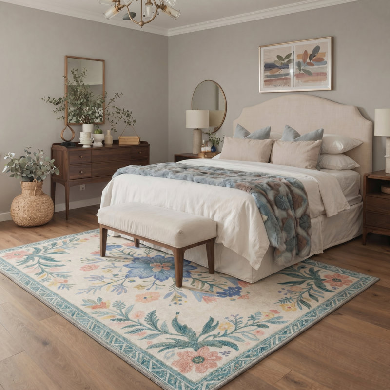 Abadou Vintage Floral Machine Washable Dusty Blue / Beige Indoor Area Rug With Non-Slip Backing, Rectangle 8' x 10'