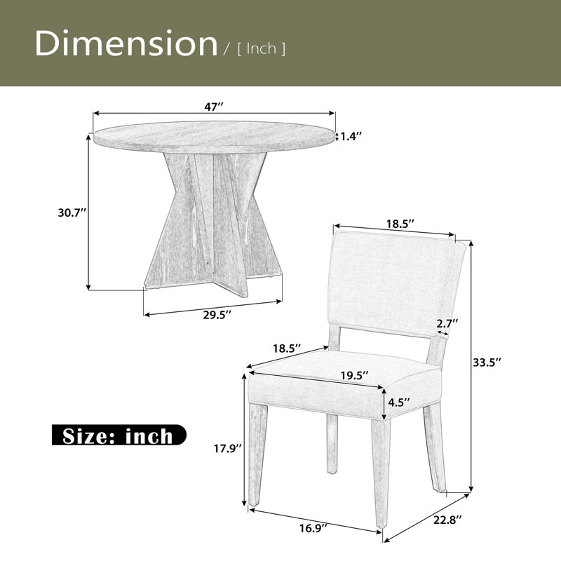 5-Piece Round Dining Table Set For 4, Retro Kitchen Table And Chairs Set Of 4 With Designed Base, Wood Dining Table With 4 Upholstered Chairs