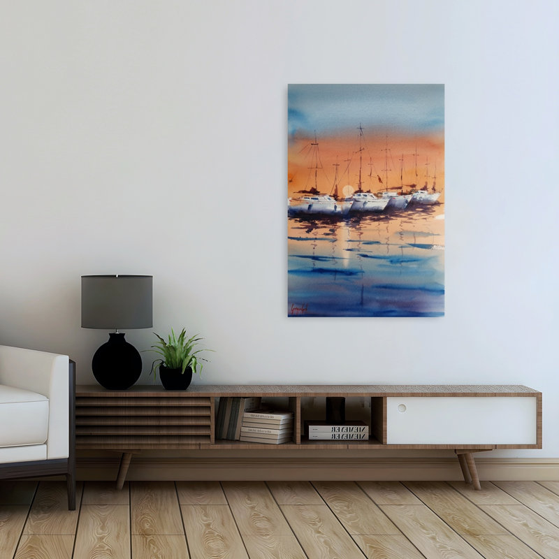 Voiliers au coucher du soleil, impression sereine paisible sur l'océan côtier, 48" H x 32" W