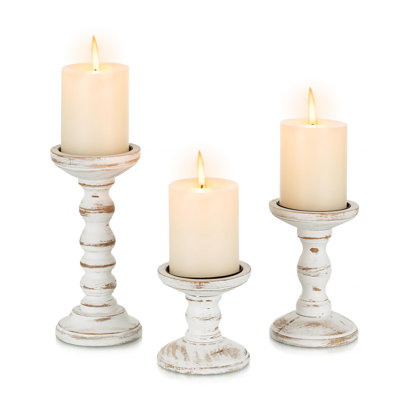 Set of 3 Distressed White Paulownia Wood Pillar Candle Holders, Farmhouse Candlestick Decor, 3.94" / 5.91" / 8.27" Tall Rustic Table Centerpieces for Wedding Mantel Home Decor