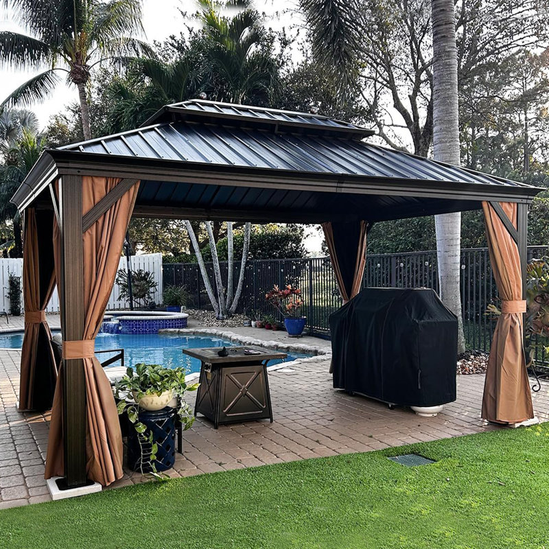 PURPLE LEAF 10' x 14' Hardtop Gazebo with Curtains and Netting for Hot Tub Heavy Duty Deck Beach Pool Backyard Outdoor Canopy Tent Sun Shade Metal Roof Patio Permanent Pavilion