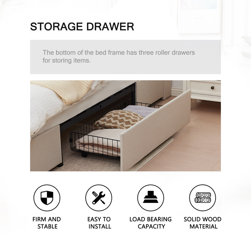 Grand lit ， Lit plateforme confortable avec tiroirs de rangement - Un mélange de confort, de fonctionnalité et de design chic, aucun sommier nécessaire, assemblage facile （Beige）