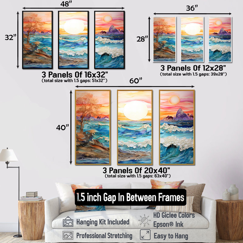 Ensemble de salon Rainbow Ocean Sunrise - art mural océan, Cadre naturel flottant, H 40 po x l 60 po x P 1 po
