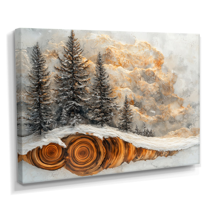 Hiver, pin, forêt sur glissade sur bois - art mural forêt, H 24 po x l 32 po, Toile tendue, Ne s’applique pas