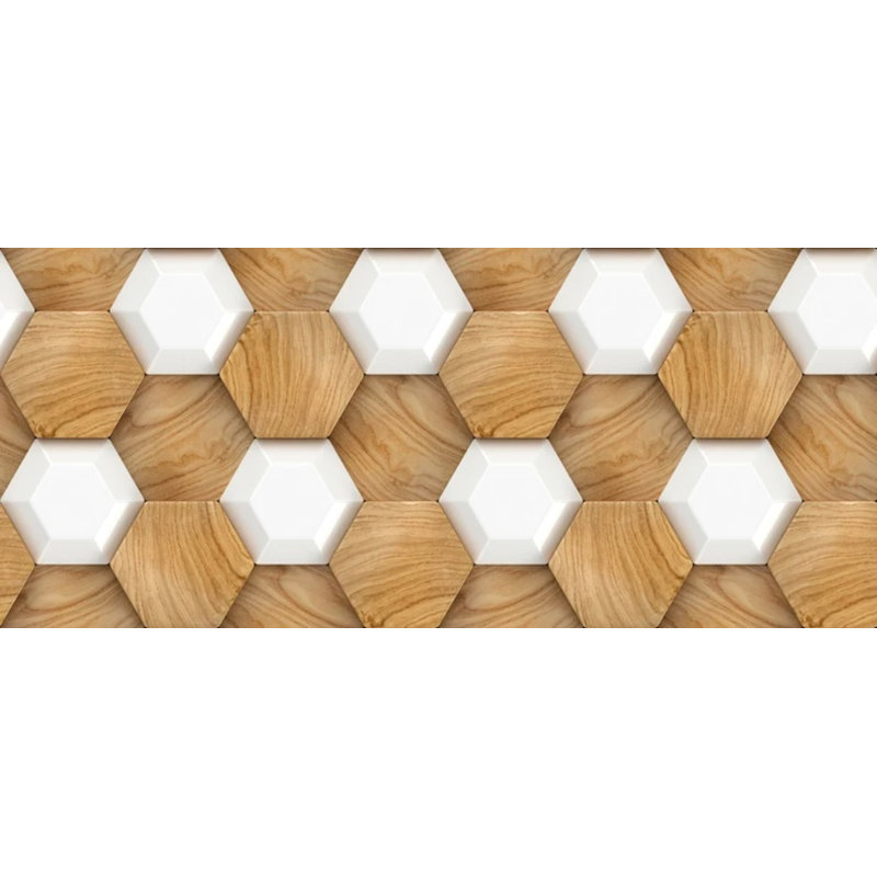 Papier peint 3D hexagone en bois et carreaux blancs - Motif de panneaux nid d'abeille moderne en chêne naturel et blanc
