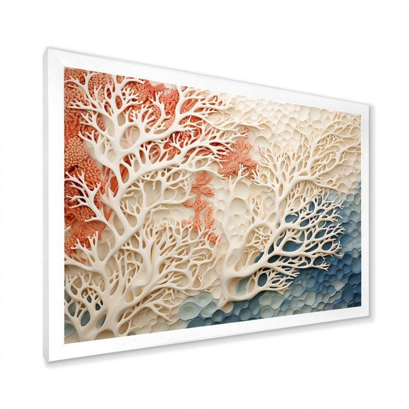 «Rose and White Coastal Coral Collage I» - art mural corail sous l'eau, H 24 po x l 32 po, Impression encadrée, White