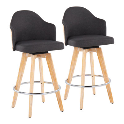 Tabouret de comptoir contemporain à hauteur fixe avec pieds en bambou naturel et repose-pieds rond en métal chromé avec siège en tissu gris anthracite et dossier en bambou naturel - ensemble de 2