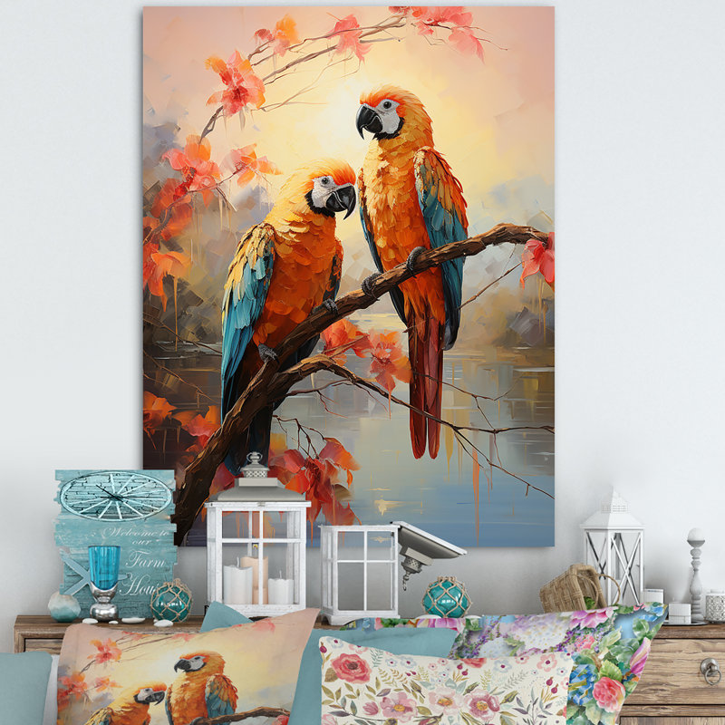 Perroquets coucher de soleil sérénade sur toile, Toile tendue, 20" H x 12" W
