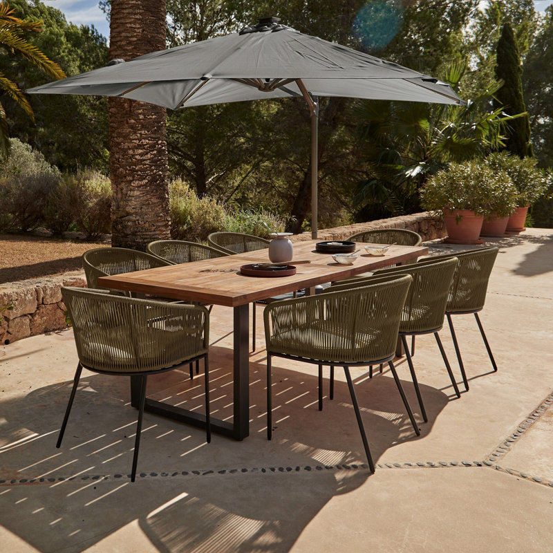 Fabiano Rectangular 8 - Person 235cm Long Dining Set with Cushions and Umbrella, Green with Grey LED Parasol, 8