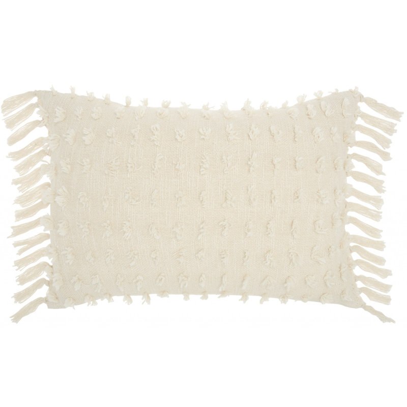 Cream Cotton Fringed 14" x 20" Throw Pillow