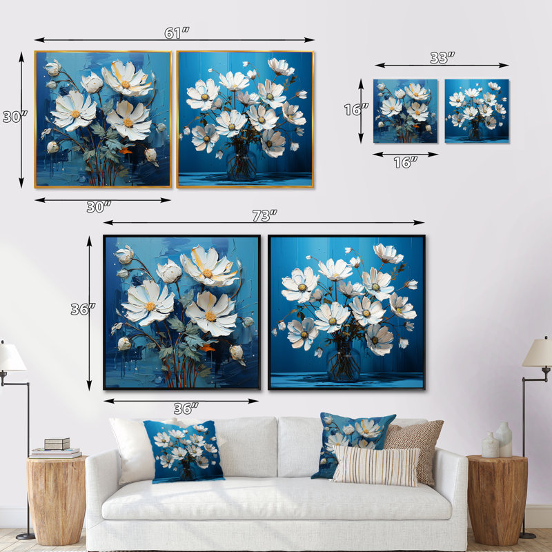 Ensemble de 2 fleurs blanches, bleues et décalées - collage carré floral, H 16 po x l 33 po, Toile tendue