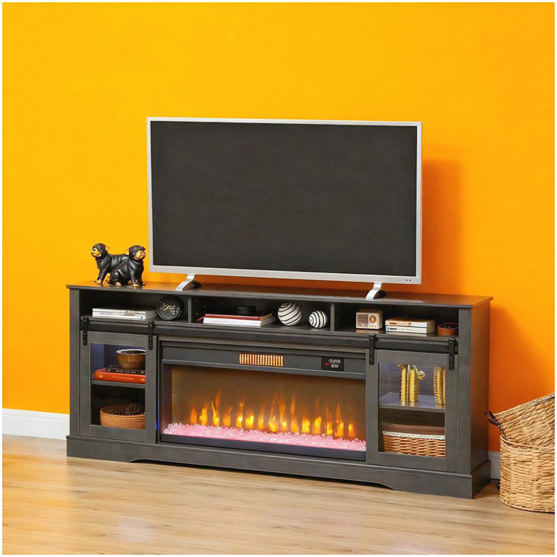 Console télé avec foyer électrique, rangement ouvert et armoires latérales, Gris