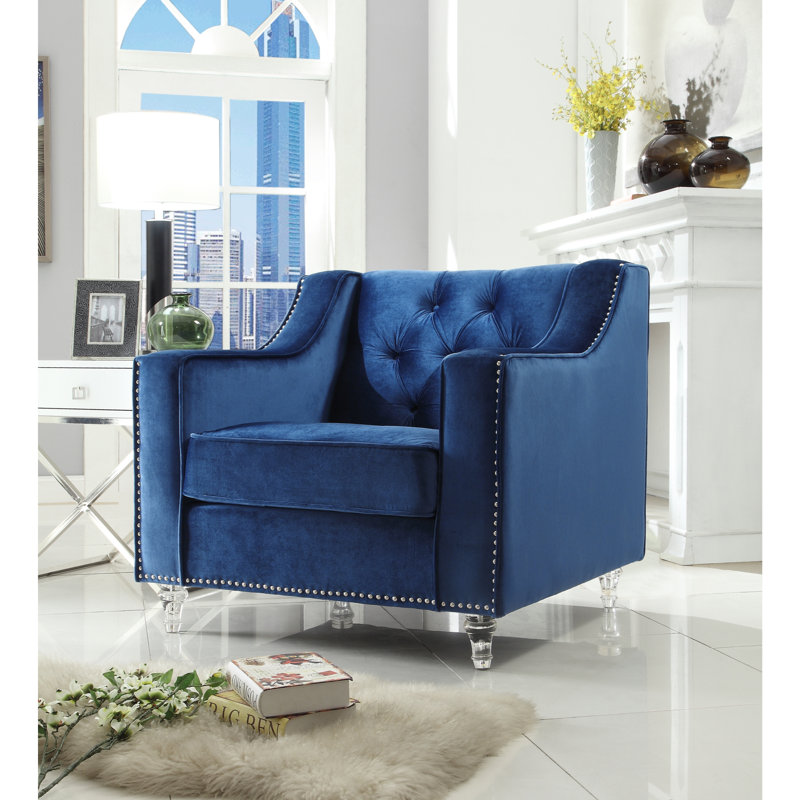 Fauteuil club en velours capitonné en velours, Bleu velours