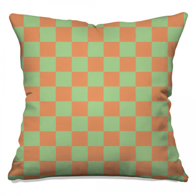 Green Orange Checkerboard Double Sided Throw Pillows