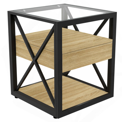 Set of 2 Modern End Table with Drawer - Nightstand for Bedroom & Living Room,Natural Wood MDF & Tempered Glass Top,Industrial Side Table