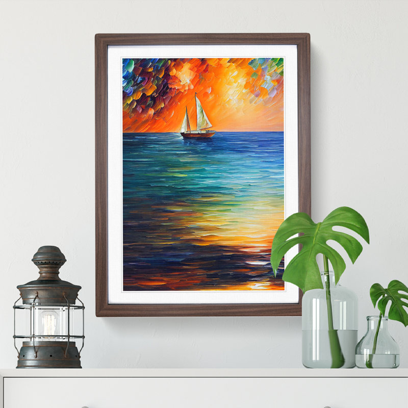 Boat At Sunset No.1 - Painting, 36cm H x 27cm W x 2cm D, Walnut Framed, White