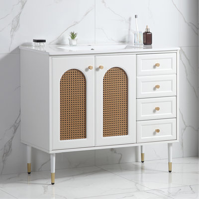 Meuble-lavabo de salle de bain avec lavabo en céramique, armoire de rangement en rotin avec deux portes et tiroir
