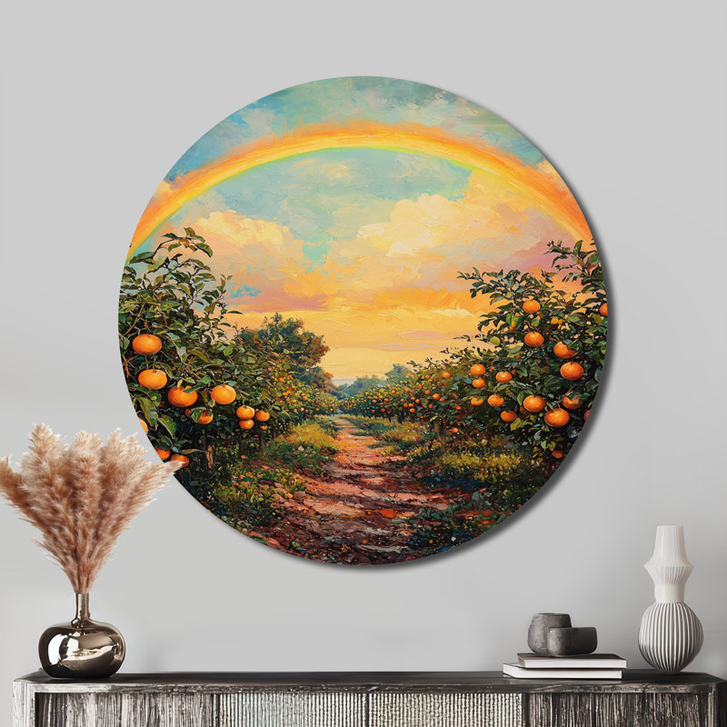 «Countryside Rainbow Over The Orchard I» - art mural rond en métal arc-en-ciel, H 16 po x l 16 po