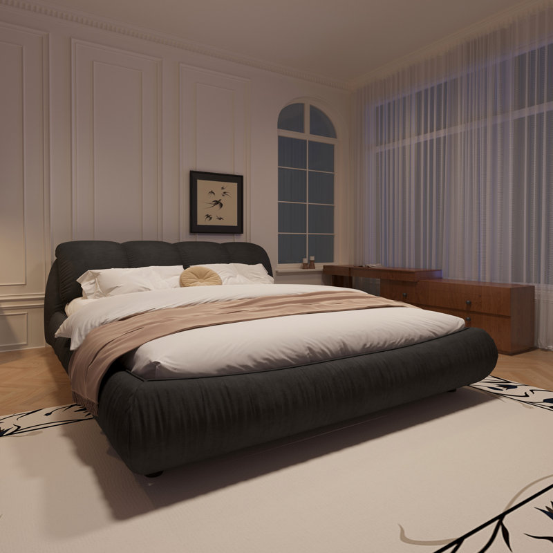 Grand lit plateforme luxueux, tapissier en noir, tête de lit surdimensionnée, convenant à différents styles de matelas Structure en bois massif à coussin souple, choix multiples
