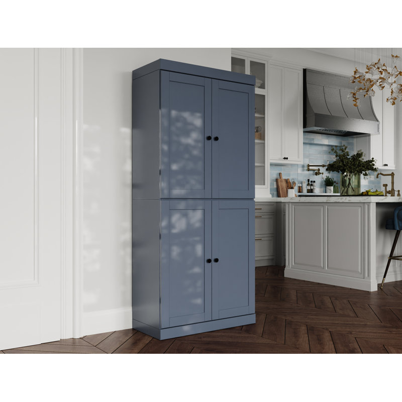 Garde-manger 100% bois massif 32 po avec portes Shaker et tablettes réglables, Bleu antique