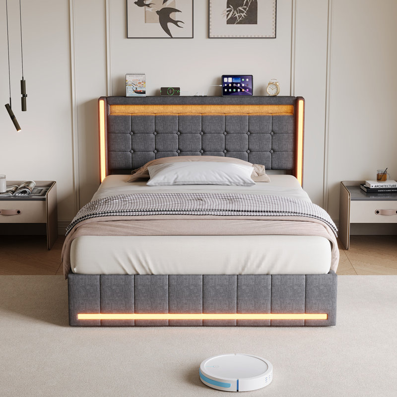 Ottoman Upholstered Bed Frame With LED Headboard, USB & Type-C Ports, And Under-Bed Drawers, 135*190cm, Grey