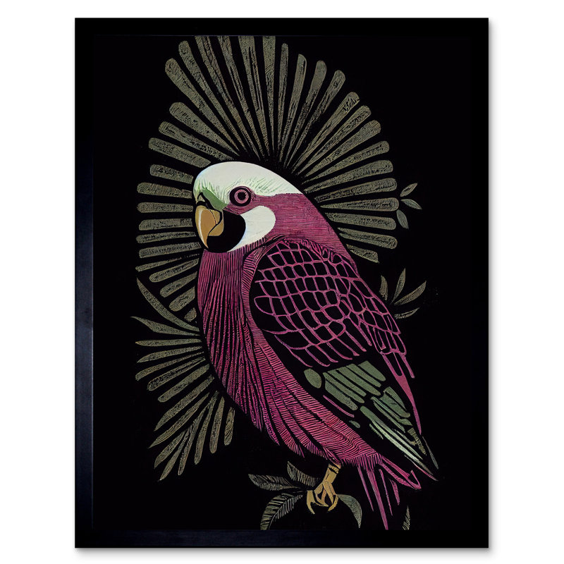 Tropical Bird Jungle Linocut Retro - Single Picture Frame Print, 43.7cm H x 33.5cm W x 1.5cm D