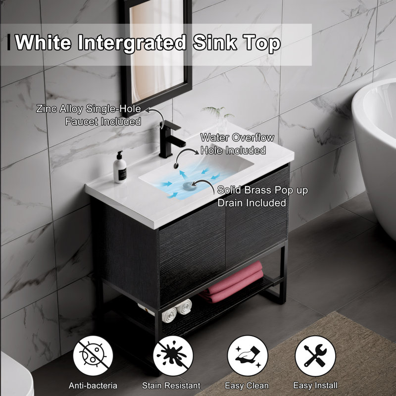 Azai 36" Single Bathroom Vanity Set with Sink Top, Faucet, Metal Frame with Open Shelf, Black